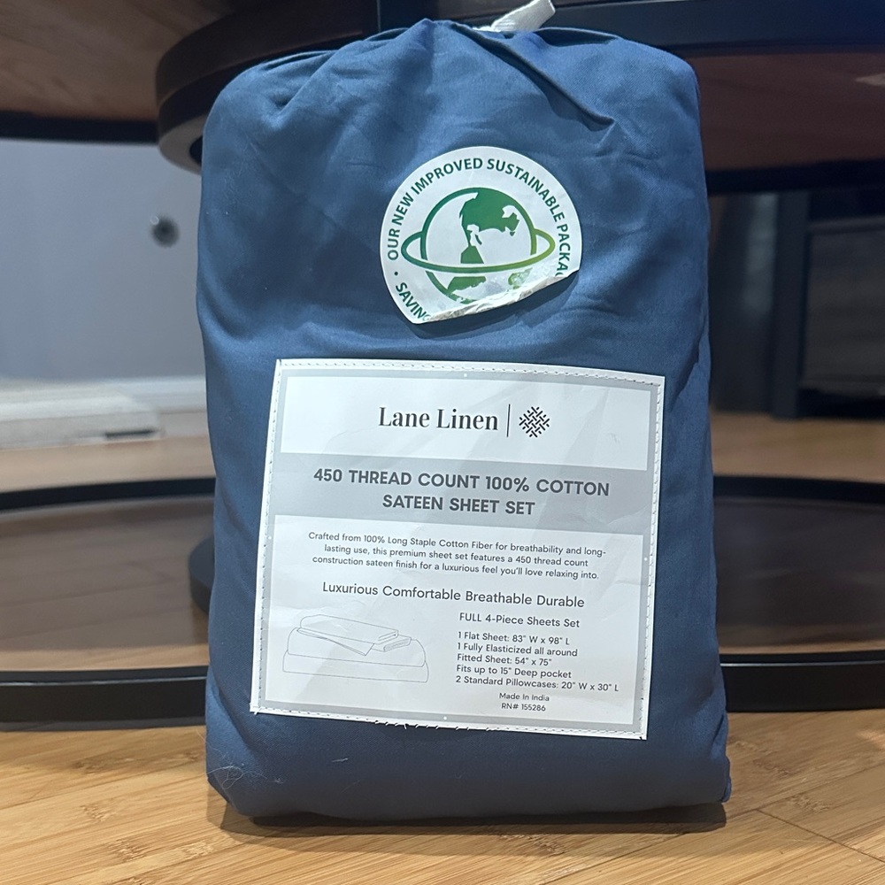 Lane Linen Blue Cotton Sateen Sheet Set - Full